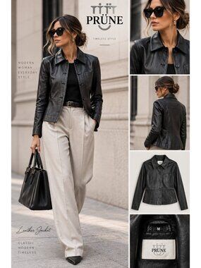 Prüne Genuine Leather Black Button Front Jacket Size M Contrast Stitching